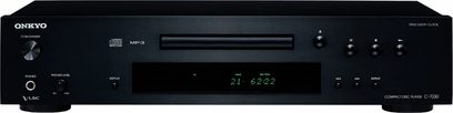 Onkyo C-7030 sort CD-afspiller, frontvisning, grønt display "21 6222", knapper og stik på forsiden