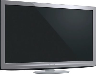 Panasonic TX-PF46G20S fladskærms-tv, sort skærm slukket, set forfra, grå metalramme