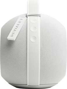 Kaasaskantav Bluetooth-kõlar DEVIALET MANIA valge, eestvaates, keskse soonilise käepideme ja valge tekstuurse kattega