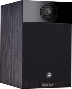 Fyne Audio F300 sort træ-bogreolhøjttaler, sort træ, set forfra, mørkt træhøjttaler-kabinet, rund sort højttaler med sekskantgitter