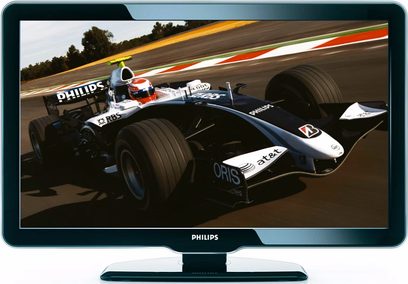 Philips 32PFL5604H-tv, der viser en Williams Formel 1-racerbil nummer 7 i aktion på en racerbane