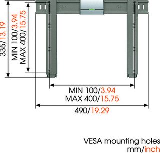 Vægbeslag til TV fra Vogel's THIN 205 sort. Teknisk diagram med minimale, maksimale og standardmål i mm/tommer