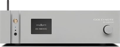 Nettverksmusikkspiller Gold Note DS-1000 EVO LINE sølv, frontpanel med svart skjerm i midten og stor knapp til høyre