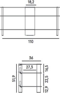 Teknisk diagram med dimensioner for et TV-møbel med 3 glashylder og metalramme, 110 cm bredt, 36 cm dybt og 51,9 cm højt