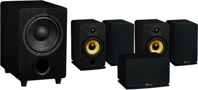 Sæt af sorte Davis Acoustics Eva-højttalere med kubisk basreflekskabinet og 4 rektangulære bogreolhøjttalere, gule højttalerenheder