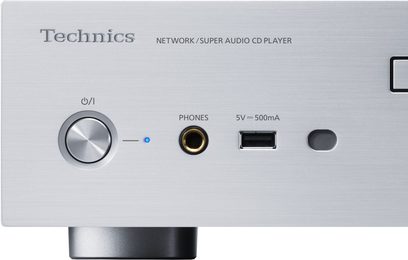 Technics SL-G700 silver CD player, front view, audio and network connections, power button, display, CD tray