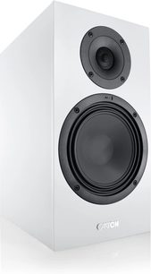 Canton GLE 30 S2 hvid mat reolhøjttaler set i trekvart profil med sort woofer og diskant på fronten