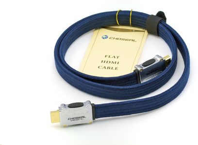 Fladt blåt Choseal CHD3221-F3 HDMI-kabel med forgyldte stik, set forfra på hvid baggrund