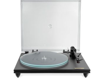 Hi-Fi-Plattenspieler Gold Note T-5 in Schwarz lackiert, Glasplattenteller, Tonarm, transparentes Gehäuse, schwarzer Sockel