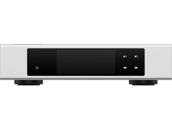 Matrix Audio Element S netværksafspiller i sølvanodiseret aluminium, set forfra, sort blank front med slukket centreret skærm, hvide touch-knapper til højre og to synlige sorte cylindriske fødder