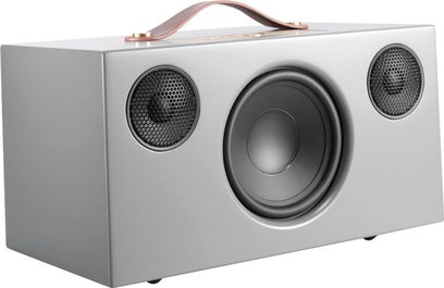 Enceinte Audio Pro ADDON C10 gris, vue de face, caisson rectangulaire gris avec deux haut-parleurs ronds noirs et poignée marron clair