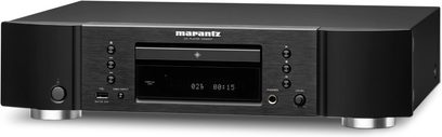 Leitor de CD Marantz CD6007 preto, vista frontal, visor digital azul, frente preta, botões e conexões prateadas
