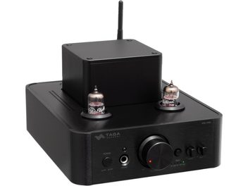 Taga Harmony HTA-700B v.3 USB sort, integreret stereo rørforstærker, sort børstet finish, to synlige glasrør på toppen, stor central rund knap, knapper og hovedtelefonudgang på fronten, antenne bagpå, trekvart forfra visning