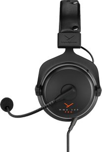 Beyerdynamic MMX 300 PRO gaming-headset, sett forfra, rund svart øreklokke, fleksibel mikrofon, polstret hodebøyle