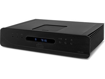 Vysokofidelitní CD přehrávač Atoll Electronique DR400 Evolution v černé barvě, hliníkové kartáčované pouzdro s horním obdélníkovým poklopem, přední panel s modrým digitálním displejem, čtyřmi kulatými tlačítky a bočními chladicími žebry, pohled z pravého předního tříčtvrtečního úhlu