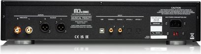 Musical Fidelity M3x DAC sort audio DAC i sort med RCA-, XLR-, USB-, koaksiale, optiske stik og strømforsyningsport