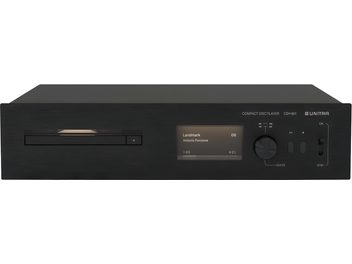 Přehrávač CD Unitra CSH-801 černý, přední panel z kartáčovaného kovu, pohled zepředu, přihrávací zásuvka CD vlevo, displej, ovládací kolečko a tlačítka vpravo