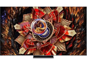 TCL 85C9K højopløsnings-tv i sort med ultratynd metalramme, stor fladskærm set forfra på en diskret centreret fod