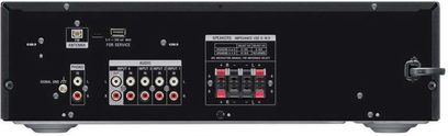 Integrovaný stereo hi-fi zosilňovač Sony STR-DH190, zadný pohľad, RCA audio konektory, svorky pre reproduktory, USB port, FM anténa