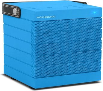 Trådløs tilsluttet højttaler Scansonic BT300 blå, kubisk form, blåt metalgitter på forsiden, sølvfarvet logo øverst til venstre
