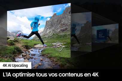 Samsung højdefinitions-tv F-TQ77S95D-BF, set fra siden, skærm viser en person, der løber i et bjergrigt udendørs landskab