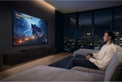 Samsung TMR75R95H fjernsyn med stor ultratynd vægskærm i en moderne stue, set fra siden med videospilscene