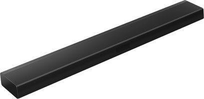 Černý soundbar Panasonic SC-HTB400EG, pohled zepředu, protáhlý obdélníkový tvar, hladký matný povrch