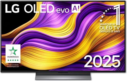 LG LGOLED48G5 2025 musta värvi õhukese metallraamiga teler, 48-tolline lame OLED-ekraan ja ristkülikukujuline keskne jalg, vaade eest