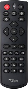 Telecomando nero in plastica, vista frontale, numerosi pulsanti rotondi, pad direzionale, logo Optoma, finestra IR