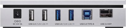 Rose RSA720 Digital Transport, rear view, DC 12V 3A power connector, 2 USB 2.0 ports, 2 USB 3.0 ports, USB 3.0 Type-B port, USB 3.0 SFP port