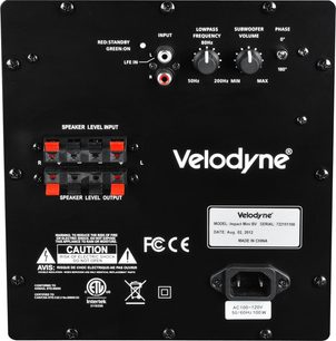 Velodyne Impact Mini BV sort baskabin, frontvisning med kontroller, stik og tekniske specifikationer