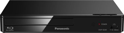 Panasonic DMP-BD84 4K Blu-ray-afspiller, set forfra, rektangulær sort form, blank frontpanel, rød tænd/sluk-knap, diskskuffe til højre