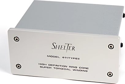 Shelter 411 MC MM vinylpladecentrering, lys grå rektangulær metalkabinetboks, sorte indskrifter