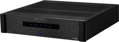 Černý vícekanálový výkonový zesilovač Emotiva BASX A-500, pohled zepředu, na čelním panelu svítí 5 modrých LED diod