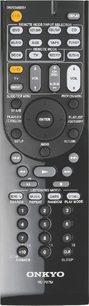 Sort Onkyo RC-707M fjernbetjening med grå knapper og LCD-skærm, set forfra