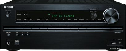 Onkyo TX-NR727 sort hjemmebiografsforstærker, frontpanel, knapper, grøn skærm "THX S2 Cinema", frontpanelporte, volumenkontrol