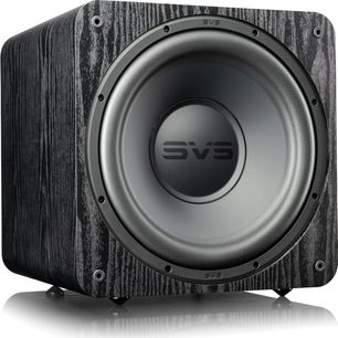 SVS SB-1000 PRO sort askebøg subwoofer, frontvisning, sort kegleformet højttaler, mørk tekstureret træramme, sølvfarvet SVS-logo