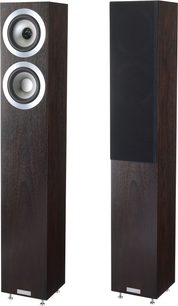 Tannoy Revolution DC4 T gulvhøjttaler i espresso, mørkt træ, to runde sølvfarvede højttalere, sort diskant