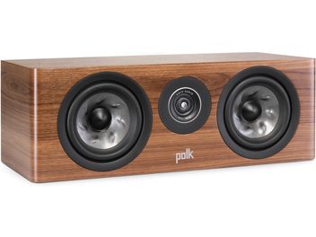 Enceinte centrale Polk Audio R300 noyer, vue de face, 2 haut-parleurs circulaires noirs sur caisson bois rectangulaire