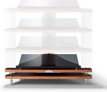 Mobile Hi-Fi Naim Audio Fraim con base in legno e ripiano in vetro nero, composto da 3 ripiani, visto di fronte
