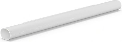 ARC Ultra lydplanke i matt hvit, perspektivvisning, avlang form, perforert grill, sentrert logo, avrundede ender