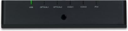 Arcam irDAC sort audio DAC-konverter med USB, OPTICAL1, OPTICAL2, COAX1, COAX2 og iPod-stik på forsiden