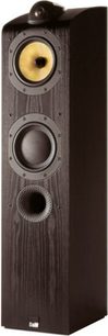 Bowers & Wilkins 704 gulvhøjttaler i mørkt træ, set forfra, med to runde højttalere og en gul diskant