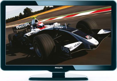 Philips 37PFL5604H-fladskærms-tv viser et Williams Formel 1-billede på en racerbane, flad skærm, sort ramme, metalfod