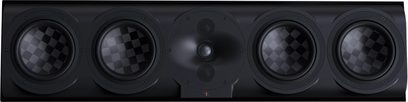 Horizontal center speaker with 5 black circular drivers, including 4 woofers with a grid pattern and 1 central tweeter surrounded by 2 grilles.