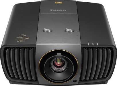 Benq X12000 sort videoprojektor, set forfra, med gylden linse i midten, ventilationsgitre på siderne, knapper på toppen