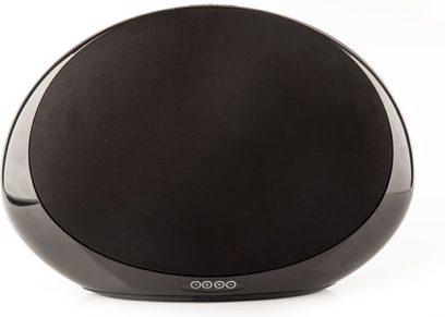 Trådløs forbundet højttaler Cabasse Stream 1 sort, set ovenfra, rund form, sort farve, blankt materiale