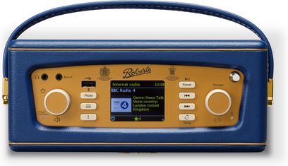 Roberts Revival iStream 3L Tischradio in Mitternachtsblau mit Kunstleder, Frontansicht, goldfarbene Front mit zentralem Farbdisplay, zwei große Drehknöpfe und passender gebogener Griff