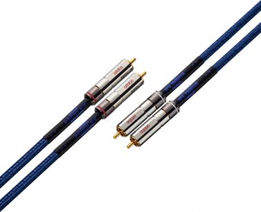 Analog RCA-lydkabel Reference Blue RCA 1,5m, 2 blå flettede kabler med forgyldte metalstik og blå inskriptioner