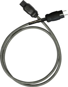 Napájecí kabel Cardas Iridium Power 2m, pohled shora, černé konektory, šedý kabel, bílý text
